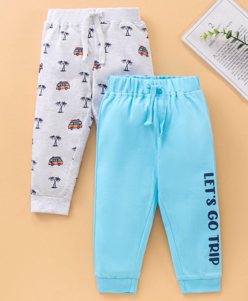 Full Length Printed Knitted Lounge Pants Pack of 2 - Grey Blue