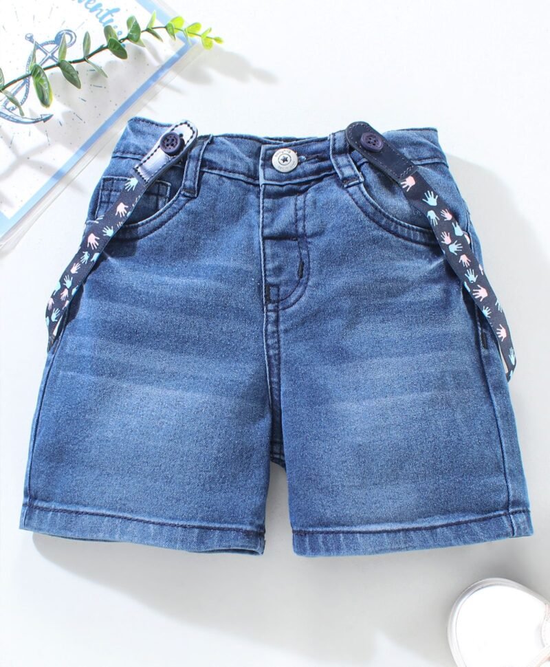 Mid Thigh Washed Denim Shorts With Suspender - Blue