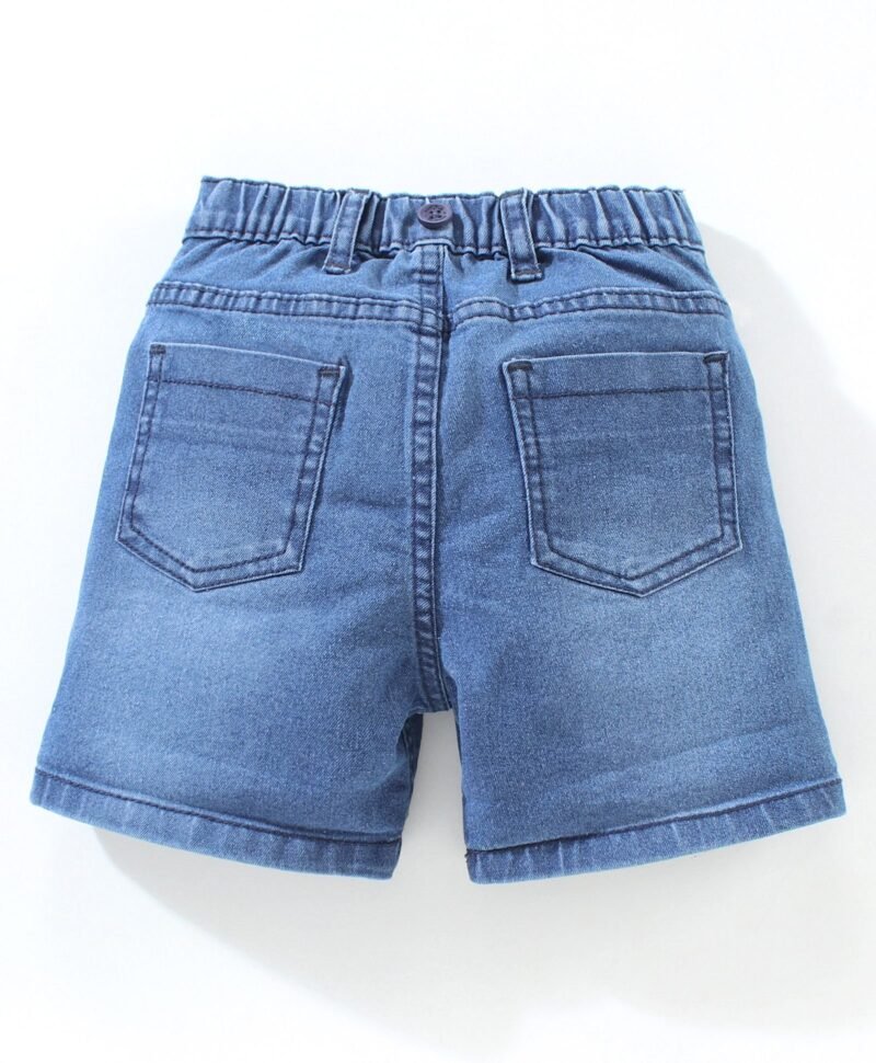 Mid Thigh Washed Denim Shorts With Suspender - Blue - Image 3