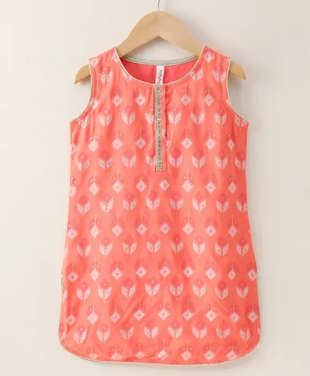 Sleeveless Printed Kurti & Skirt Set With Dupatta- Peach - Image 3