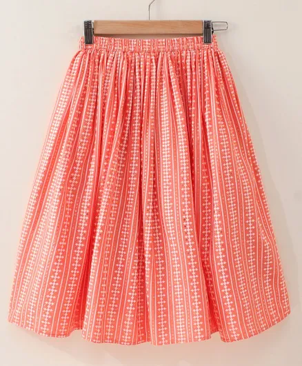 Sleeveless Printed Kurti & Skirt Set With Dupatta- Peach - Image 4