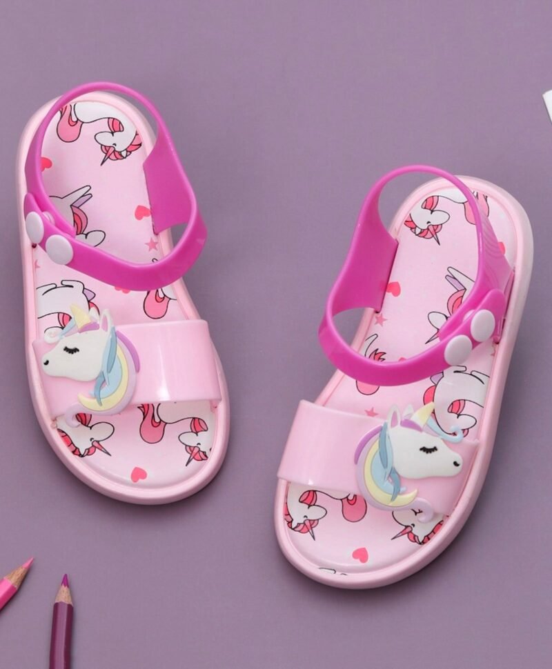 Yellow Bee Unicorn Applique Embellished & Printed Sandals - Pink