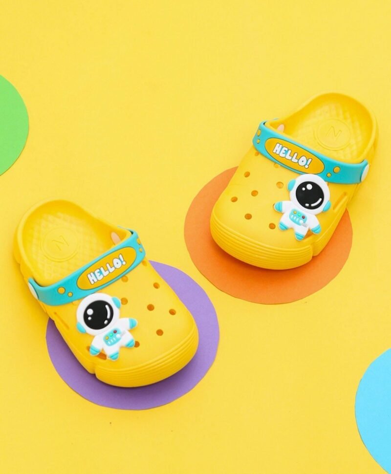 Yellow Bee Hello Astronaut Perforated Sling Back Clogs - Yellow