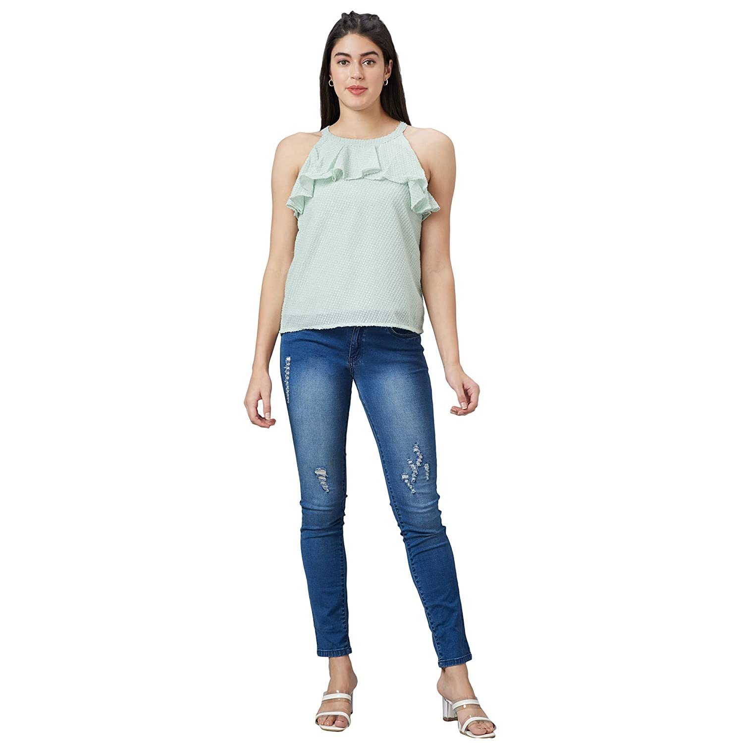 Women Mint Green Self Design Halter Neck Sleeveless Top - Image 2
