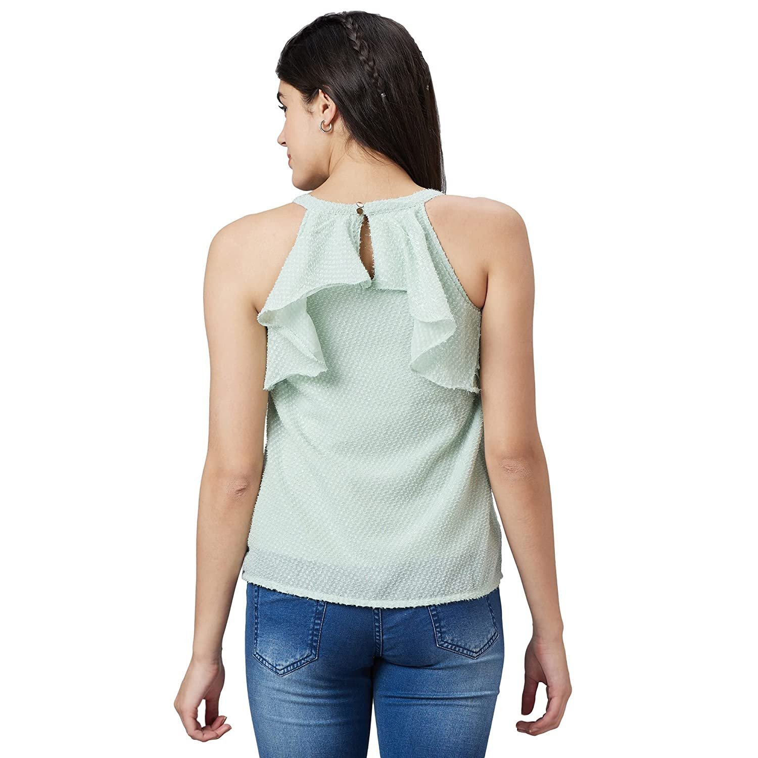 Women Mint Green Self Design Halter Neck Sleeveless Top - Image 3