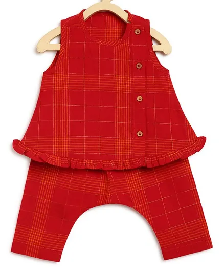 Sleeveless Checkered Short Kurta & Pajama Set - Red - Image 4