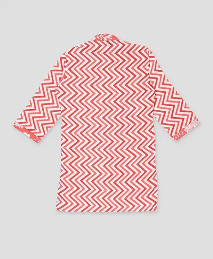 Kids Full Sleeves Chevron Design Kurta - Red - Image 3
