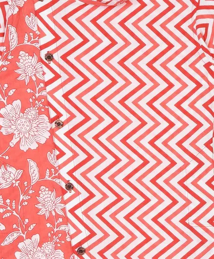 Kids Full Sleeves Chevron Design Kurta - Red - Image 4