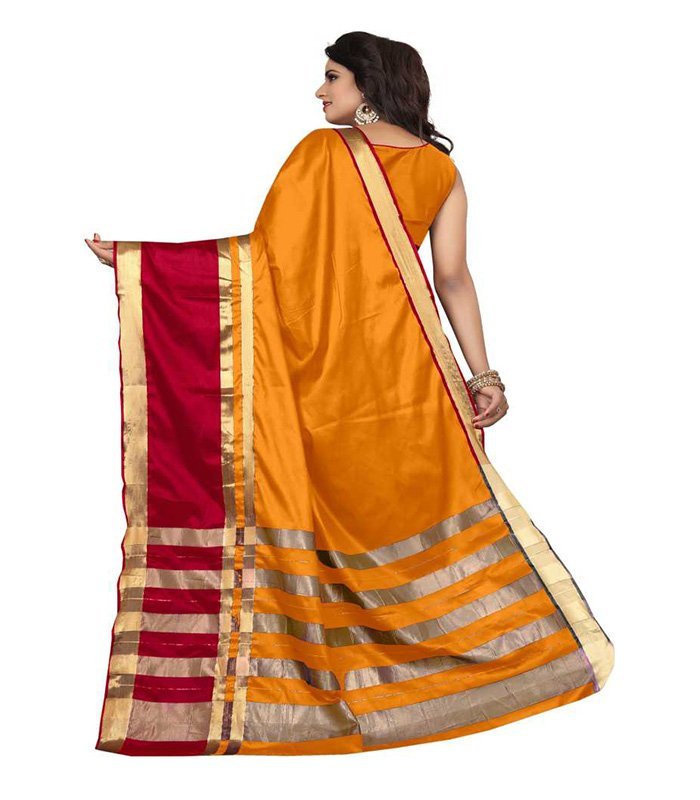 Striped Dharmavaram Cotton Silk Saree (Mustard) - Image 2