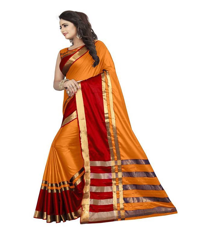 Striped Dharmavaram Cotton Silk Saree (Mustard) - Image 3