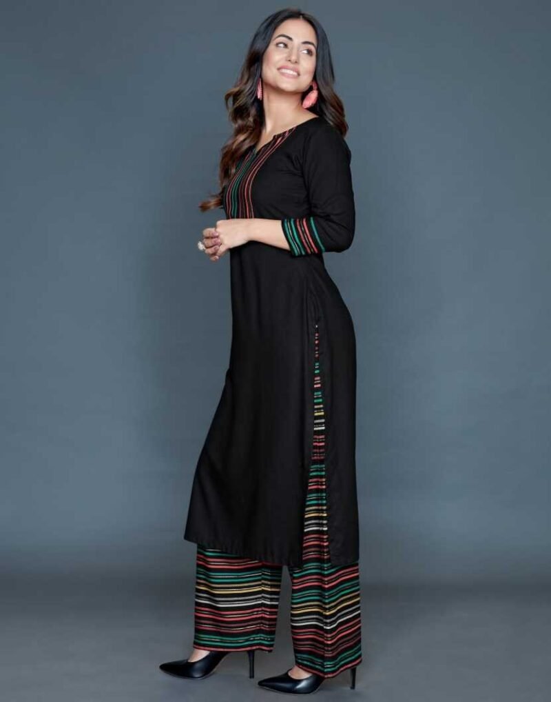 Women Striped, Printed, Embellished Rayon Straight Kurta - Image 2