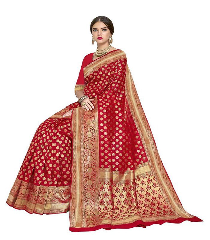 Woven Banarasi Silk Blend, Jacquard Saree (Red) - Image 2